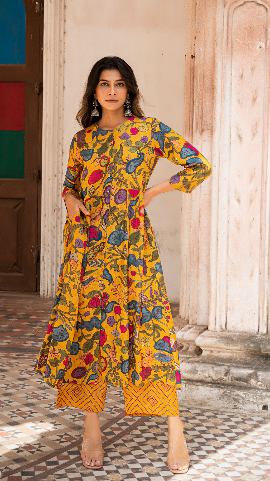 Buy ROYAL PITARAH Beige Kalamkari Printed Organic Cotton Long Dress with  Tassels - X-Large at Amazon.in